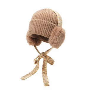 韩系绑带毛绒耳包针织帽子女秋冬季大头围保暖毛线帽滑雪护耳帽女