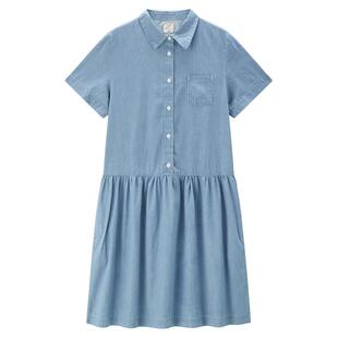 佐丹奴裙子女装纯棉薄牛仔半开筒短袖衬衫连衣裙 05464313
