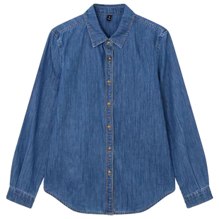 不卷边深蓝色软牛仔衬衫女春秋季内搭叠穿衬衣小个子正肩加绒上衣