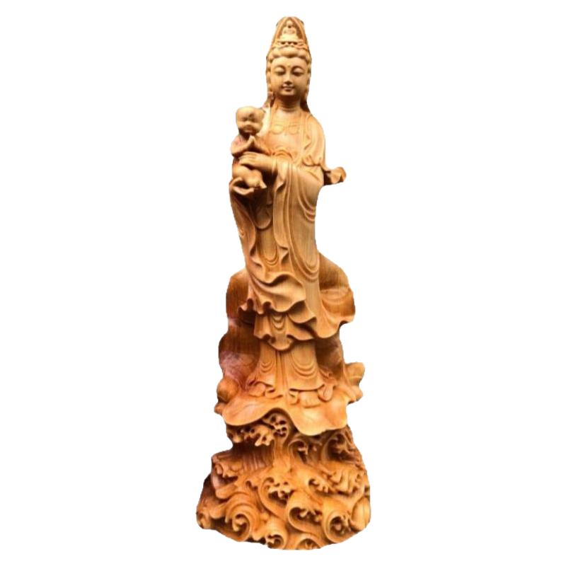 崖柏黄杨木送子观音实木佛像摆件接好孕家用佛堂供奉保平安工艺品