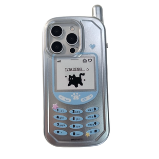 日韩风大哥大电镀银猫咪适用苹果16ProMax手机壳带链条iPhone13新款16pro小众女款14防摔15PRO硅胶全包高级感