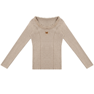 ziziFei秋冬季新款圆领上衣蝴蝶刺绣修身显瘦卡其色针织打底衫女