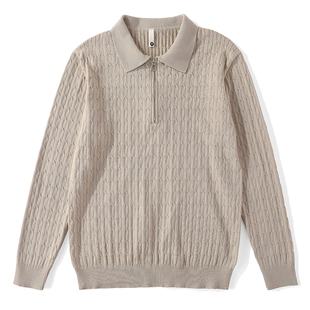特价 半拉链提花翻领POLO针织衫男秋冬复古优雅编织肌理修身毛衣