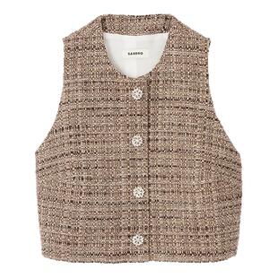 季末6折SANDRO2025秋季新款女装仿钻花纽扣棕黄色花呢马甲上衣