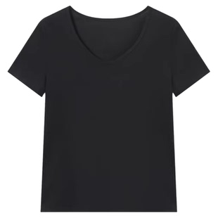 Basic House/百家好正肩U领短袖T恤女春季新款亚麻纯色内搭打底衫