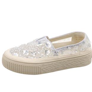 Safiya/索菲娅春夏百搭懒人编织透气单鞋亮片蕾丝渔夫鞋女款