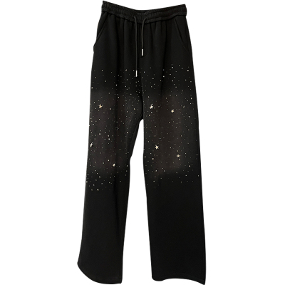 现货春季星星烫钻blingbling黑灰色显瘦加长大版松紧腰直筒休闲裤