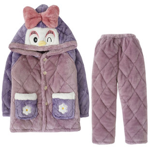 秋冬季儿童睡衣男童法兰绒女孩夹棉中大童家居服女童珊瑚绒加厚款