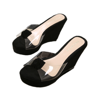 夏季新款松糕底坡跟拖鞋女透明沙滩鞋防滑中跟古早厚底凉鞋