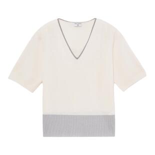 TENGS滕氏春夏女装拼色针织白色短袖衫舒适轻松百搭羊毛短袖衫