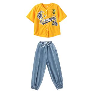 儿童街舞潮服嘻哈套装男童hiphop演出服装黄色短袖衬衫外套夏装酷