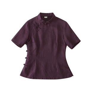 龙妙旗袍上衣夏四分中袖改良民国大襟女服亚麻复古中式女装 紫霞