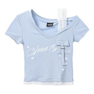 CBXLAB街舞潮牌夏季蕾丝拼接修身短袖甜酷落肩工装爵士跳舞上衣女