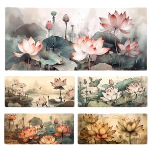 水墨荷花鼠标垫子超大号古风办公室工位桌面垫加厚记本电脑键盘垫