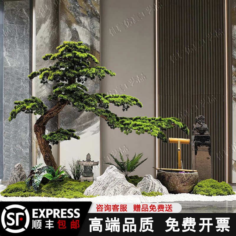 仿真迎客松造景大型绿植罗汉室内松树酒店楼梯下装饰假树摆件景观