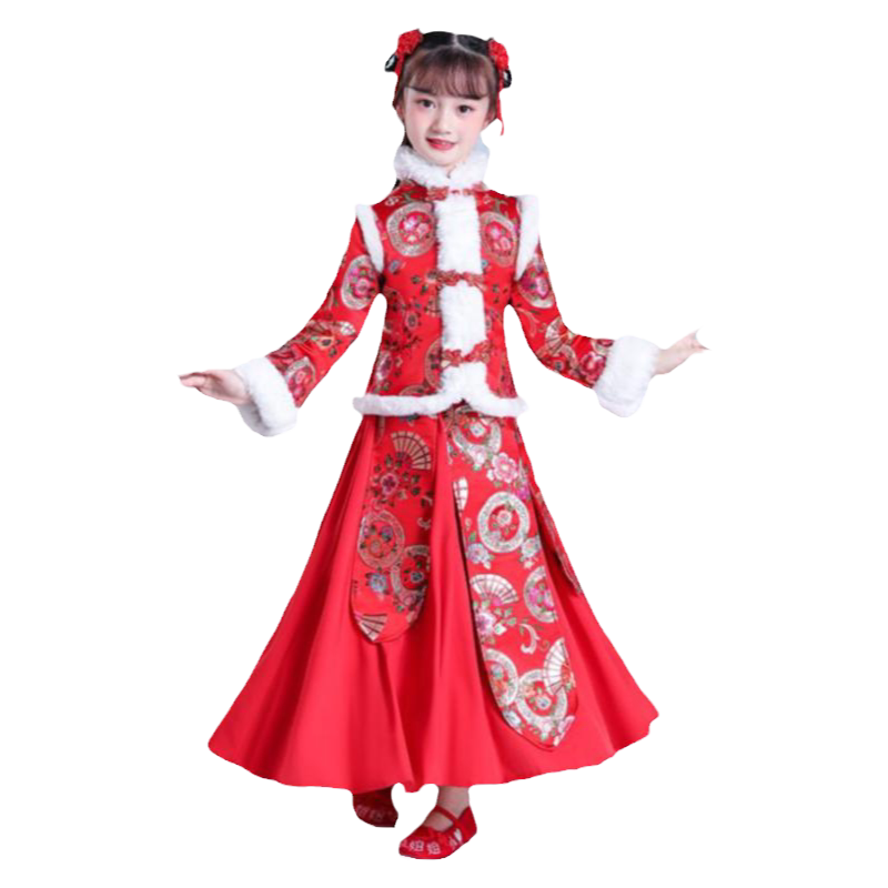 元旦儿童喜庆演出服加绒装过新年拜年服开门红色男女童幼儿园表唐