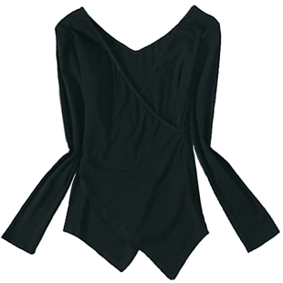 长袖T恤女大码2025冬季新款性感深V领修身露背不规则两面穿上衣