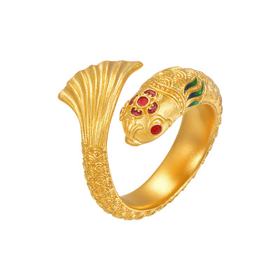 明牌珠宝t古法黄金吉鲤戒指 吉祥鲤鱼足金四方如意戒AFM0294