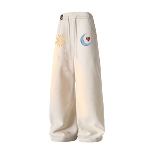 查尔斯桃心加绒保暖休闲裤男冬季图案印花加厚宽松直筒情侣长裤子