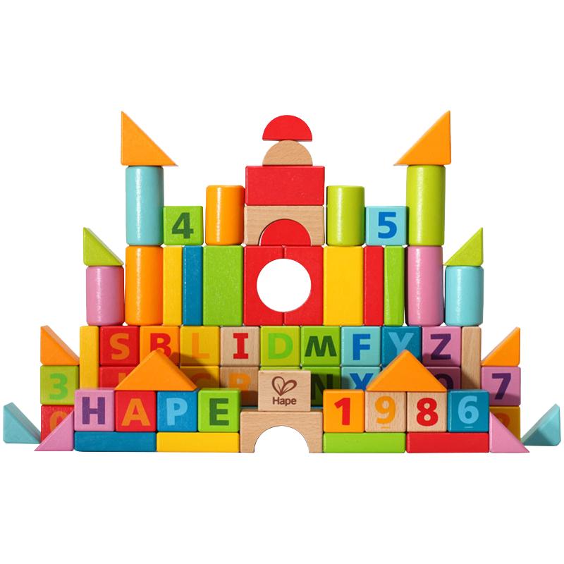 Hape80粒积木桶装益智拼装玩具1-2岁婴儿宝宝木制早教儿童大颗粒