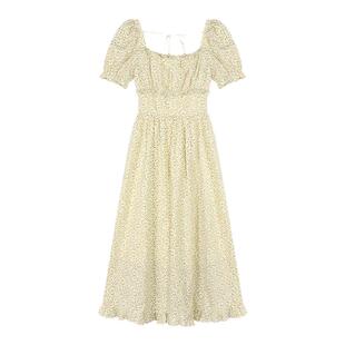 pusumede 【现货4折】方领泡泡袖碎花连衣裙女中长款收腰裙