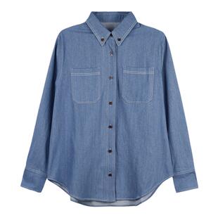 弥古蓝色牛仔衬衫女长袖上衣春季薄款正肩气质高级感宽松衬衣外套