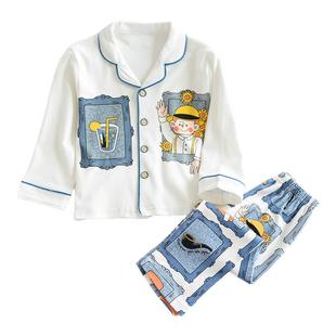 新品儿童春秋针织纯棉睡衣套男童棉毛家居服宝宝卡通翻领设计师款