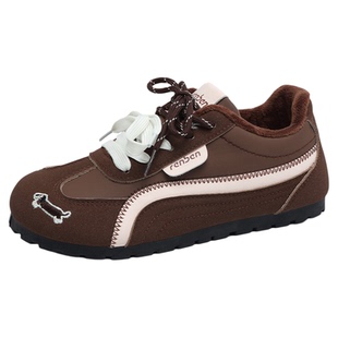 人本棕色德训鞋女2025冬季新款复古内增高加绒加厚保暖二棉鞋板鞋