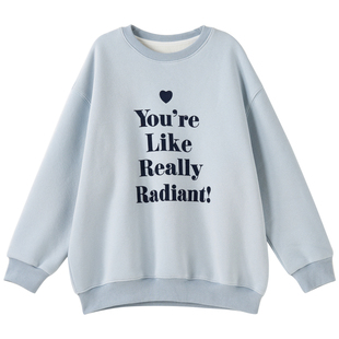 女大童浅蓝加绒卫衣2025冬季新款初中生韩版保暖字母绒衫少女上衣