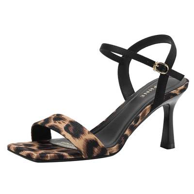 达芙妮细跟一字带凉鞋豹纹高跟鞋