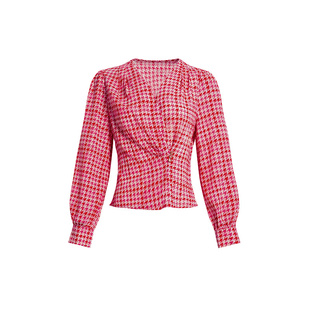 黛玛诗法式优雅千鸟格纹长袖套头衫女春季新款V领雪纺衬衫设计感