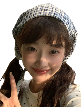 法式蕾丝边三角头巾女夏季包头格子田园风三角巾海边旅拍款发带潮