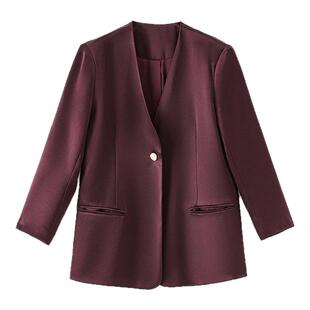 2025年春季新品静奢高级感醋酸垂坠立裁V领简约气质女装西装外套