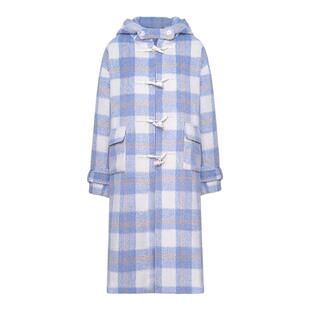 Kroche 洋裁格纹 蓝白撞色 宽松长款连帽毛呢大衣