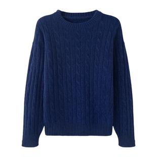 春竹圆领复古绞花羊绒衫女新款新100%山羊绒长袖针织套衫上衣12