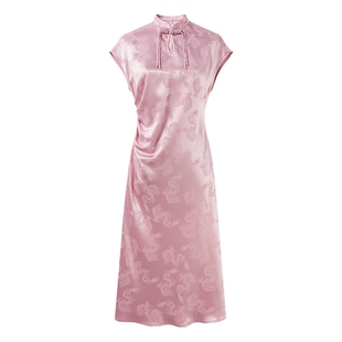 MISSCOCOON新中式龙纹醋酸抽褶修身连衣裙夏新款