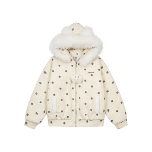 文文不乖原创可爱星星挂件波点毛领连帽棉服女冬季加厚保暖棉上衣