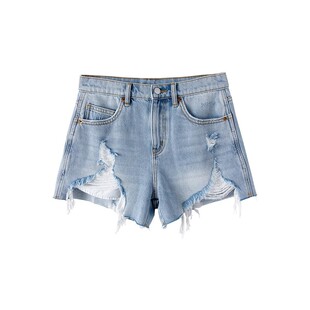 晶咕JGGU复古做旧感水洗毛边纯棉破洞大码牛仔短裤女夏辣妹热裤