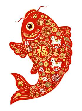 红底锦鲤墙贴满印福字锦鲤生肖羊金龙新年吉祥招财剪纸凤防水贴纸