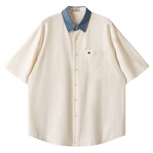 威廉福克斯天丝混纺亚麻亲肤翻领通勤透气夏季冰丝情侣短袖衬衫男