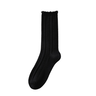 羊毛袜子女中筒保暖秋冬季松口花边堆堆袜春秋款立体浮雕黑白长筒