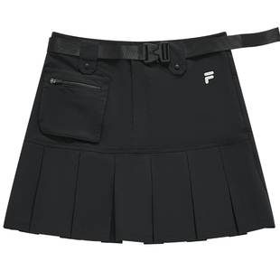 FILA FUSION斐乐潮牌女子短裙夏季款网球百褶裙通勤黑色半身裙