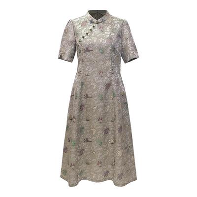 浒城古娘新款立领气质印花中长款金鱼彩蝶异色罗连衣裙女夏季