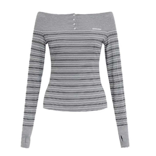 SYMOCOLOR 一字肩莱赛尔条纹长袖T恤女辣妹修身显瘦露肩上衣韩版