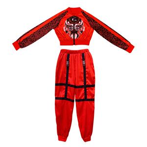 红色中国风爵士跳舞服装宽松jazz街舞女团演出服年会舞蹈表演套装