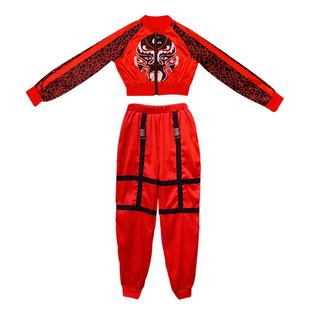 中国风爵士街舞服装喜庆红色年会舞蹈表演套装新年女团演出服成人