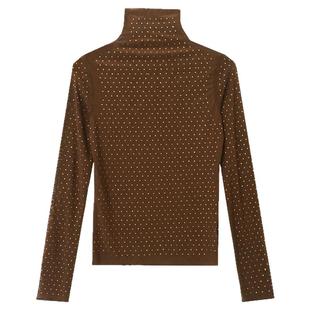 高领打底衫女秋冬欧货性感透视网纱上衣洋气重工烫钻长袖t恤小衫