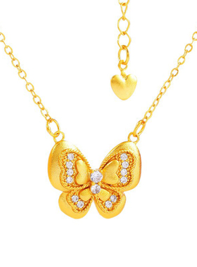 沙金镶钻拉丝花边蝴蝶项链古法镂空磨砂锁骨项圈轻奢百搭吊坠项饰