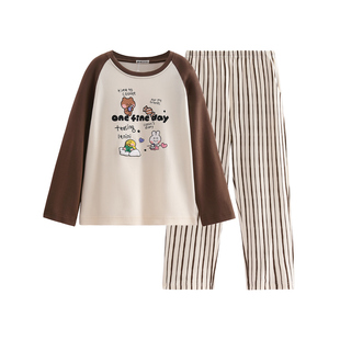 芬腾情侣睡衣春秋季纯棉圆领长袖可爱布朗熊卡通休闲防静电家居服