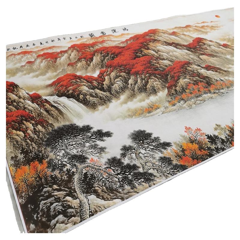新中式风水国画鸿运当头书画山水微喷仿古画芯装裱玄关酒店装饰画